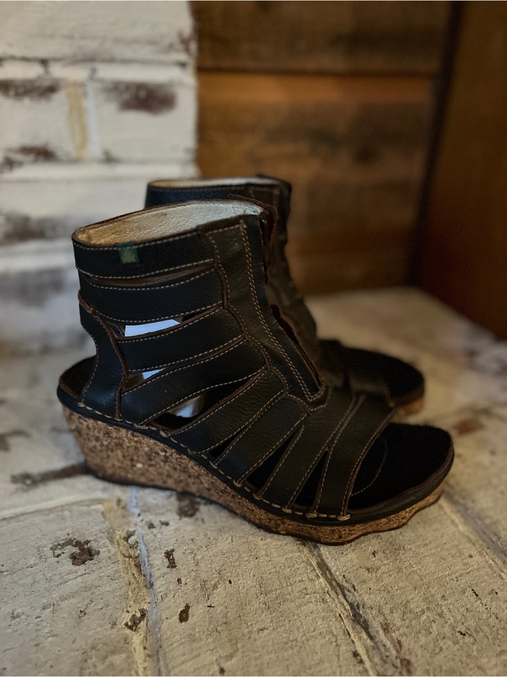 Brown Leather Wedge Sandals with Cork Heel